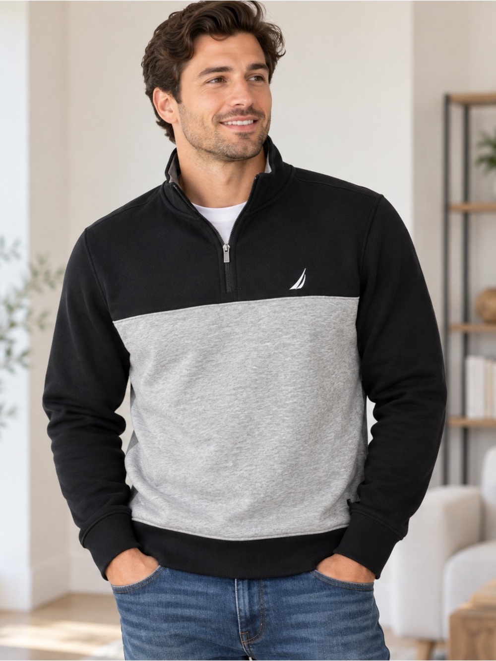 NWT Nautica Men’s Medium Black Gray Colorblock Quarter Zip Pullover
